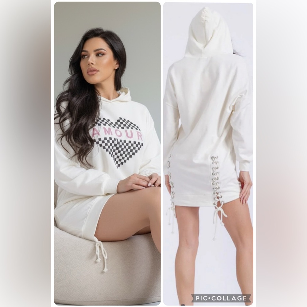 NWT Amour Ivory Corset Lace Up Checkered Hoodie Sweatshirt Mini Dress Boutique